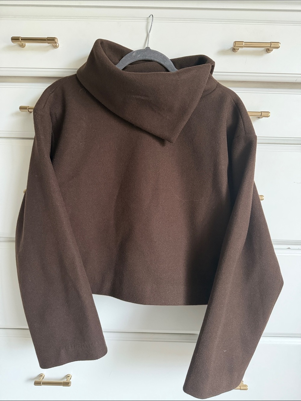 Commense Brown Cropped Teddy Funnel Neck Jacket
